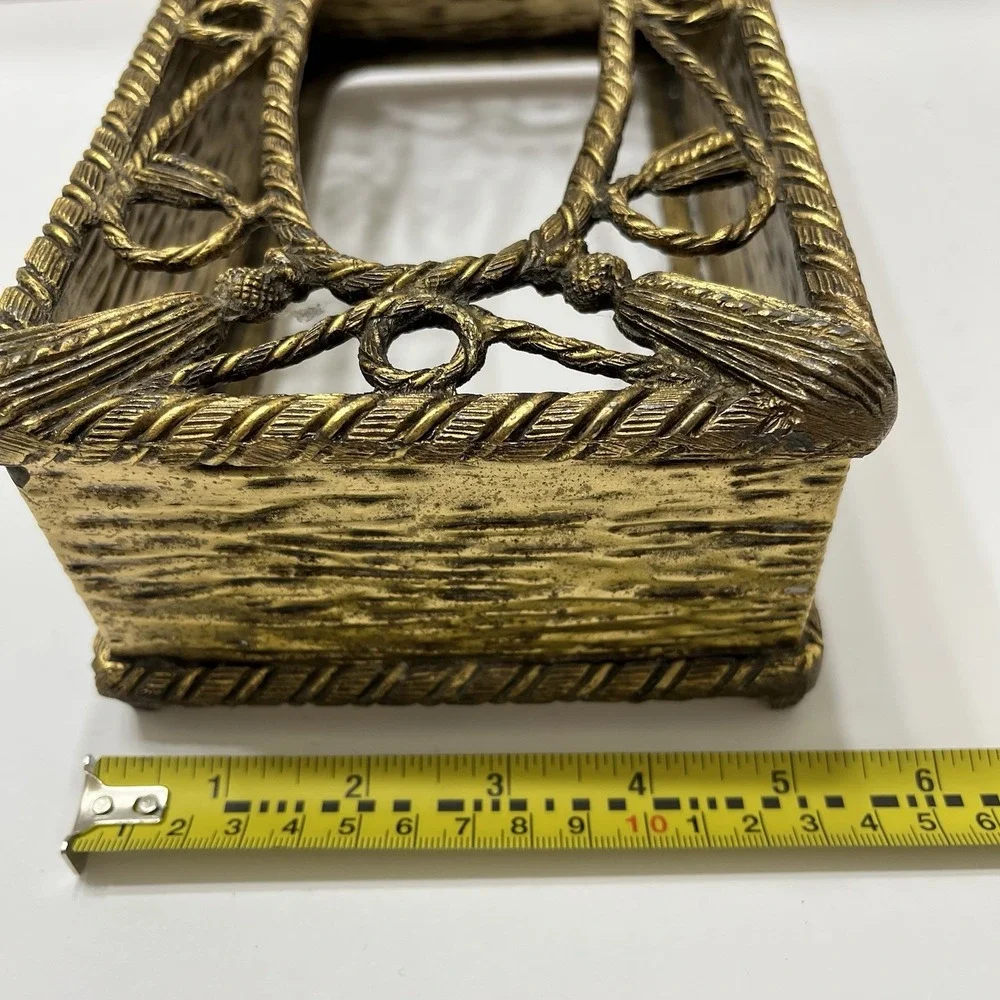 Vintage MCM Brass Tissue Box Cover Hollywood Regency Gold Filigree Tassels